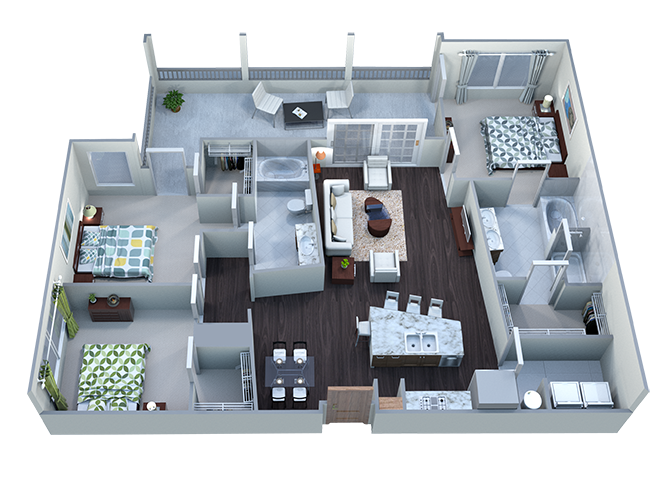 Floor plan for 3 beds, 2 baths, 1434 sqft